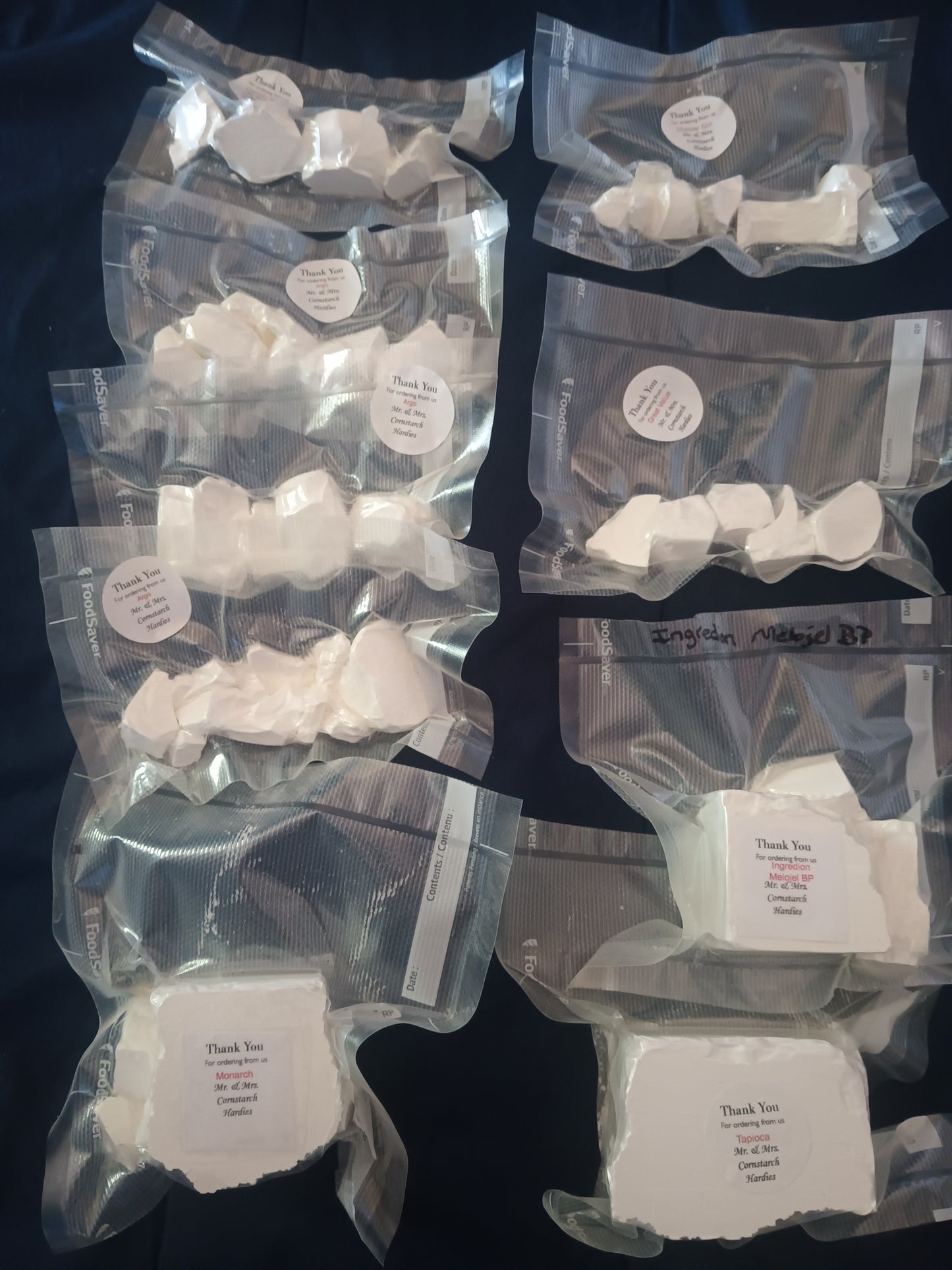 Mini Samples - 3 Argo, 2 Clabber Girl, Great Value, Samples & Ingredion Melojel BP, Monarch, Tapioca